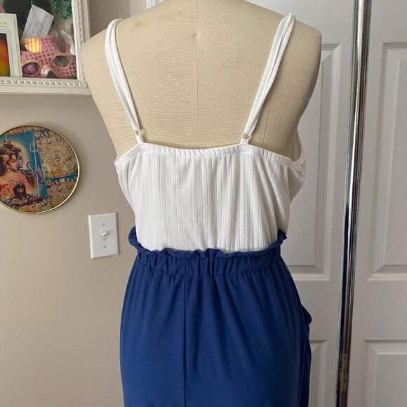 JOLIE & JOY White Blue Smocked Ribbed Knit Color-block Jumpsuit Romper *LARGE* - Picture 5 of 6